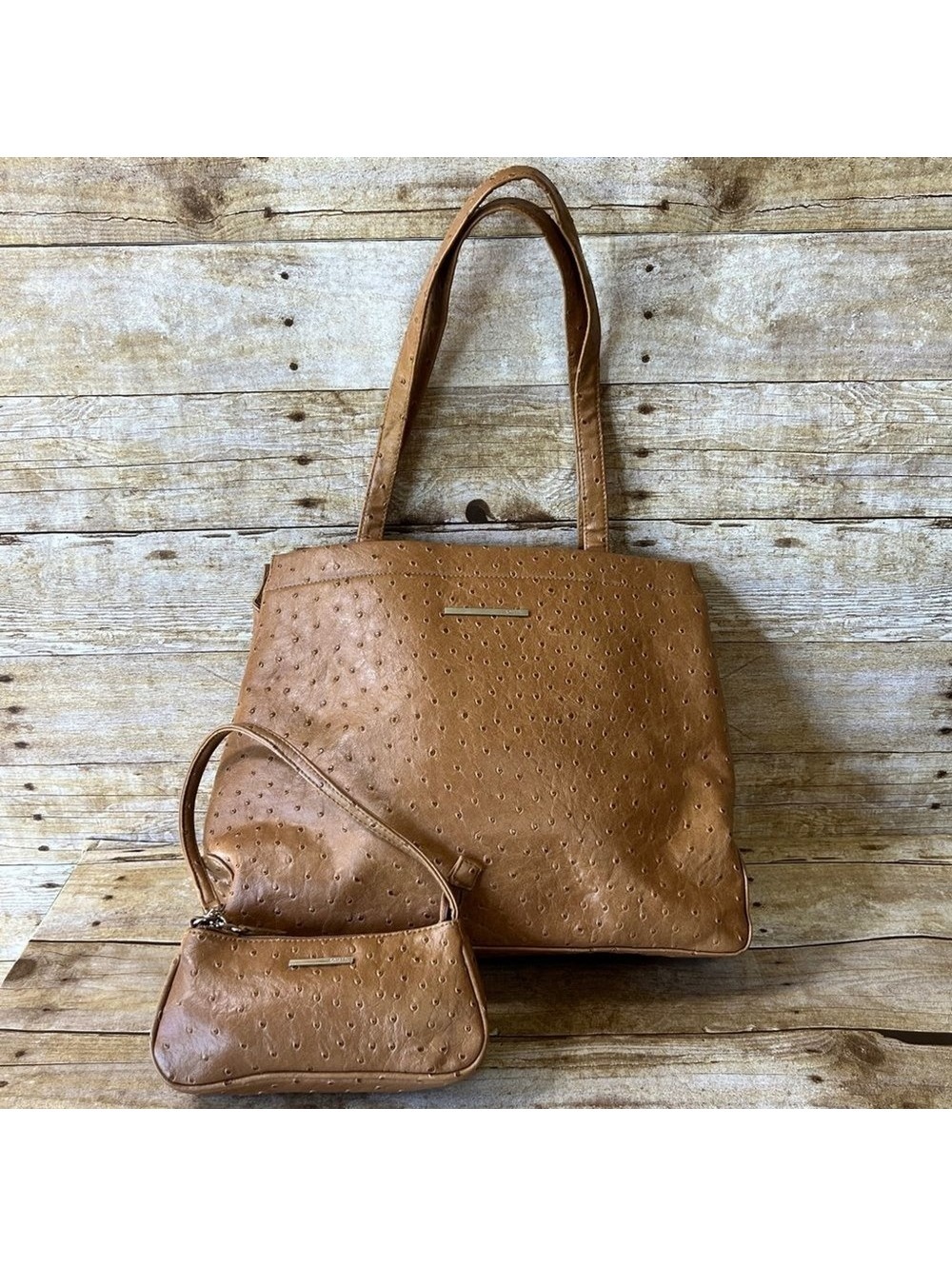 Liz Claiborne Brown Ostrich-Embossed Tote Bag with Matching Mini Wristlet Set